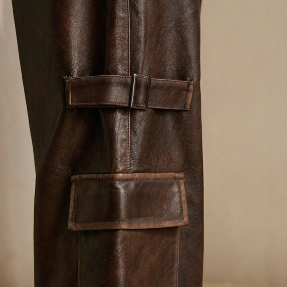 Coffee Brown Casual Women's Merlot Vintage Distressed Faux Cargo Pants - Picture 6 of 6